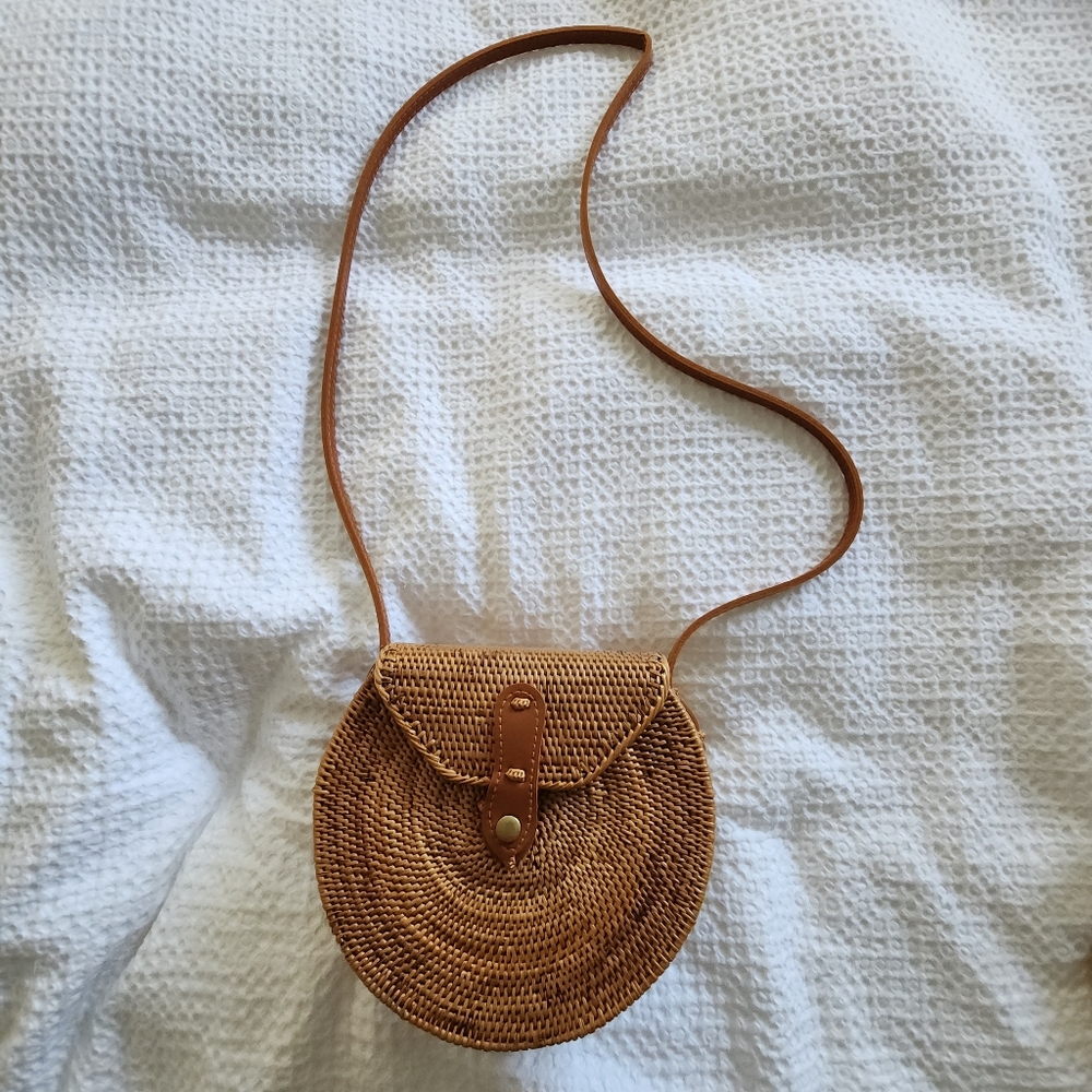 Anthropologie Rattan Round Crossbody Purse